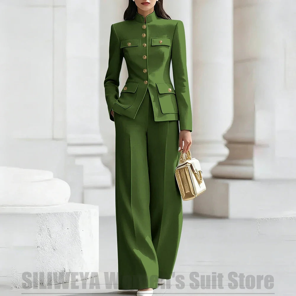 Women's Ivory Suit Mandarin Collar 2 Piece Military Style Gold Buttons Blazer Wide Leg Pants Wedding Party Prom Lady Suits