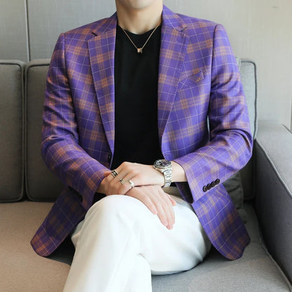 Checkered Suit Jacket for Men Single Breasted Casual Business Blazers Slim Fit Social Office Banquet Host Wedding Dress Jackets