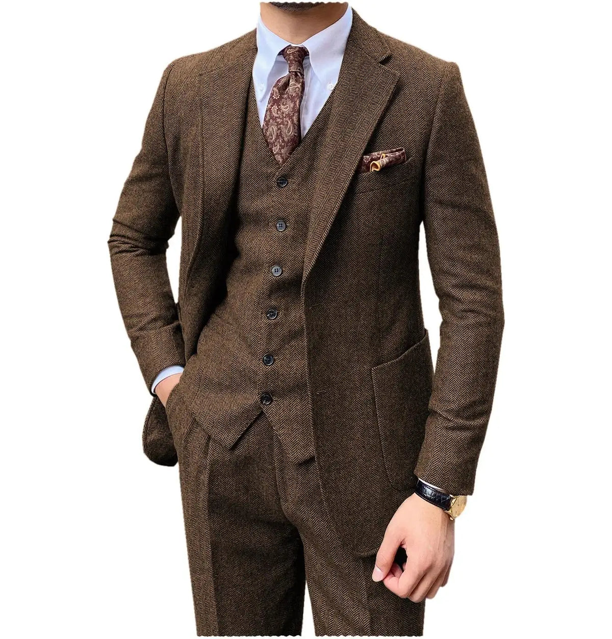 Navy Blue Mens Tweed Herringbone Wedding Suit Prom Tuxedos 3 Piece Notch Lapel Tweed for Business Slim Fit (Blazer+Vest+Pants)