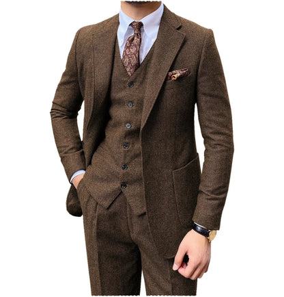 Navy Blue Mens Tweed Herringbone Wedding Suit Prom Tuxedos 3 Piece Notch Lapel Tweed for Business Slim Fit (Blazer+Vest+Pants)