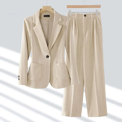 2024 Autumn New Corduroy Elegant Pant Suit Ladies Formal Business Work Wear 2 Piece Set Black Coffee Jacket Blazer And Trouser