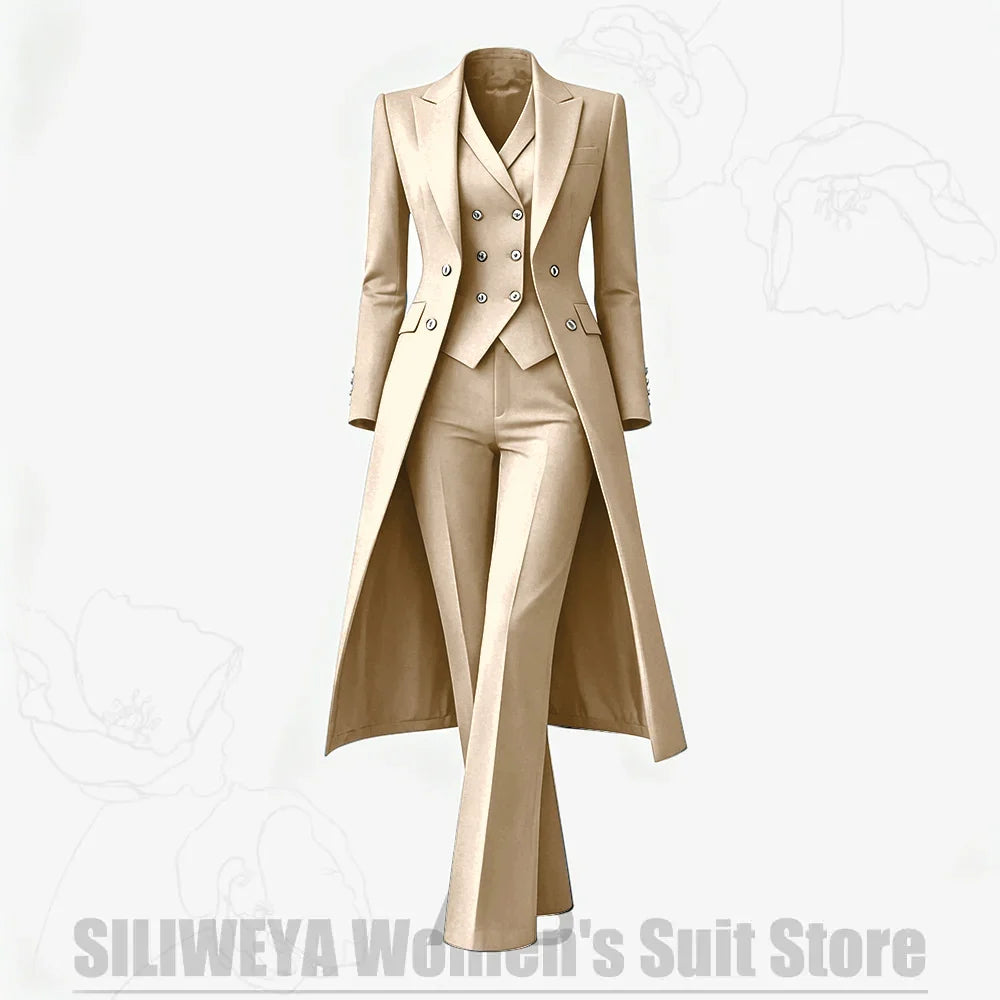Women's Suit 3 Piece Double Breasted Long Coat Vest Pants Elegant Formal Business Wear Luxury Wedding Party Prom Outfit 2026