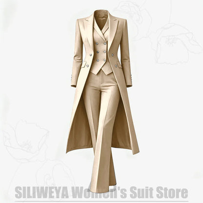 Women's Suit 3 Piece Double Breasted Long Coat Vest Pants Elegant Formal Business Wear Luxury Wedding Party Prom Outfit 2026