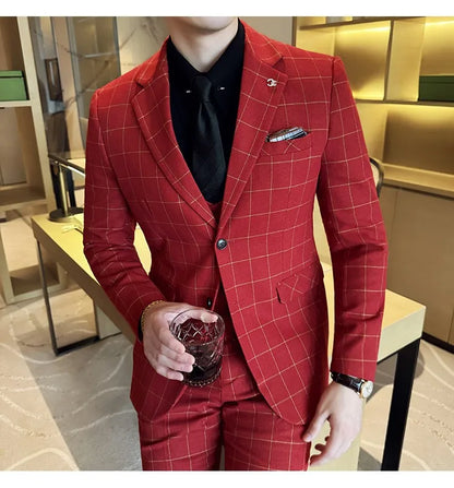 Men's 3-Piece Slim Fit Plaid Suit – Jacket, Vest & Pants for Weddings, Office & Formal Occasions