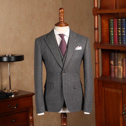 Gray Striped 3 Piece Men's Tuxedo Business Set Peak Lapel Single Breasted Blazer Vest Pants Set Wedding Party Prom Male Outfit