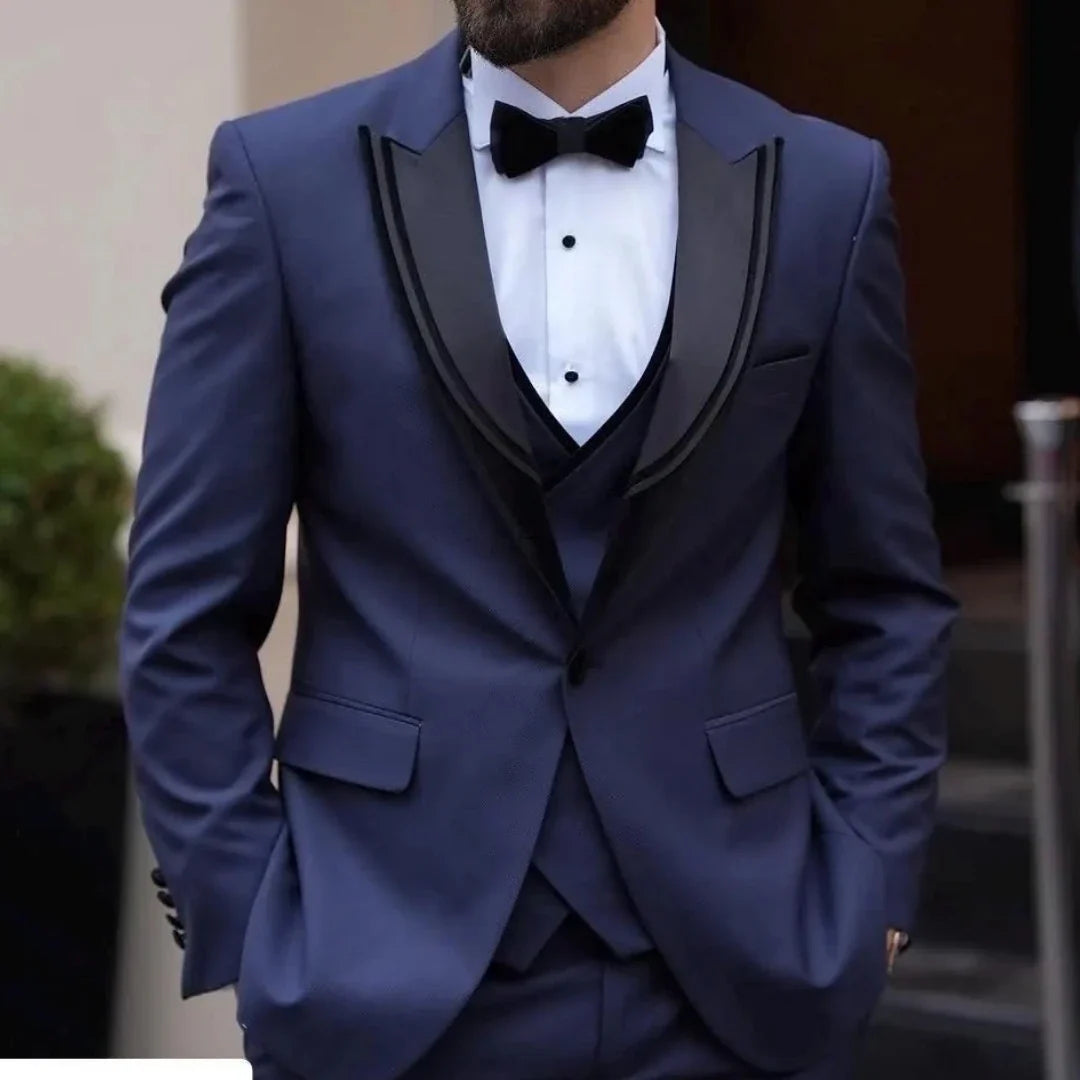 Men Suit 3 Pieces Navy Blue With Lapel Solid For Wedding Banquet Birthday Business Party Prom Work Office Set Jacket Vest Pants