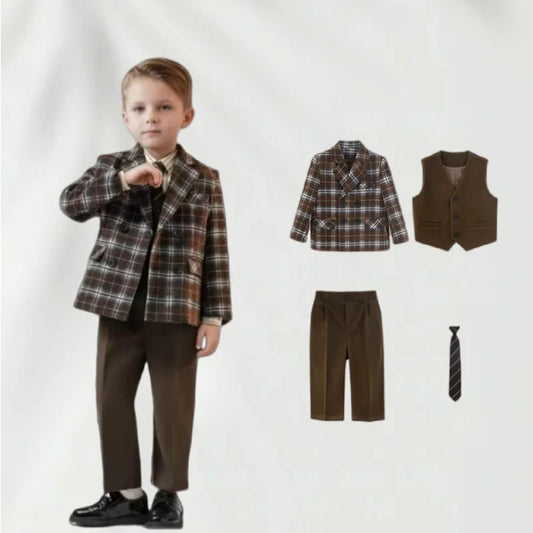 Boys Plaid Wedding Suit Set Flower Boys Autumn Winter Blazers Jacket Trousers Set Kids Piano Performance Tuxedo