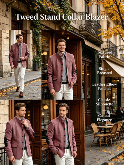 Men's Herringbone Tweed Blazer With Elbow Patches Retro Stand Collar Jacket Slim Fit Daily Party Business Casual Sport Coat ﻿