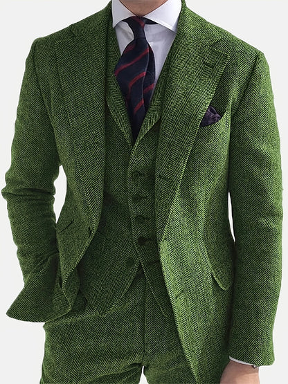 Men's Green Herringbone Texture Blazer, Sophisticated Business Style, Structured Fabric, Slim Fit Design, Formal Occasion Statem