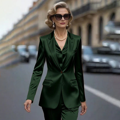 Women's Gold Satin Blazer Suit Set Stylish Single-Breasted Jacket+Pants Luxe Shiny Two-piece for Cocktail Party Wedding Guest