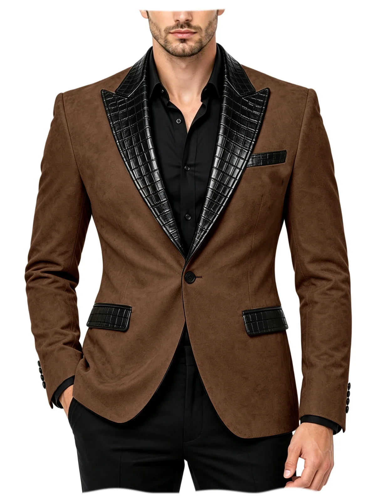 Men's Suede Slim Fit Blazer Jacket Crocodile Pattern Lapel Design Suit Coat Formal Business Prom Wedding Party Tuxedo Outerwear