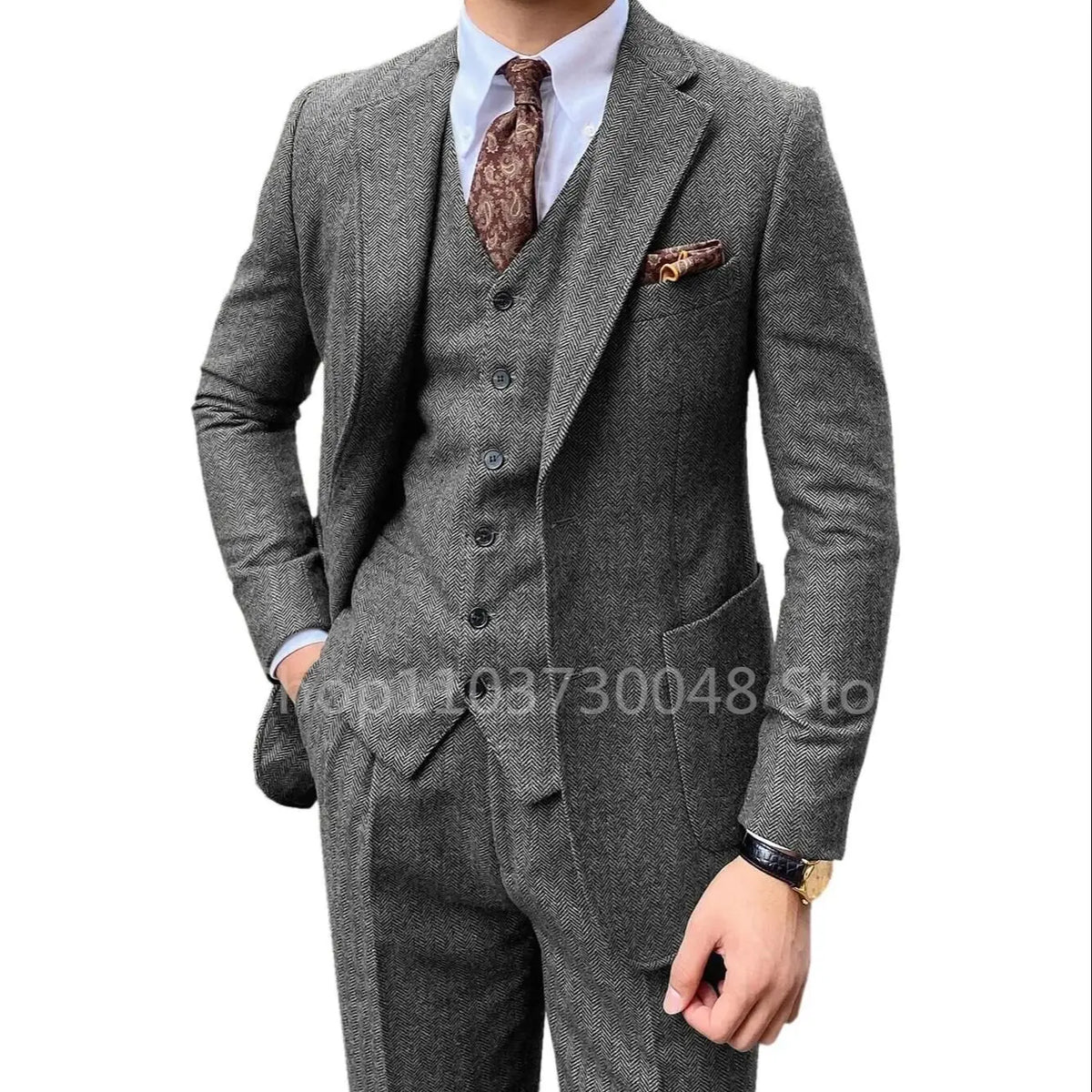 Slim Fit Blue Mens Tweed Herringbone Wedding Suit Prom Groom Tuxedos 3 Piece Notch Lapel Tweed for Business(Blazer+Vest+Pants)