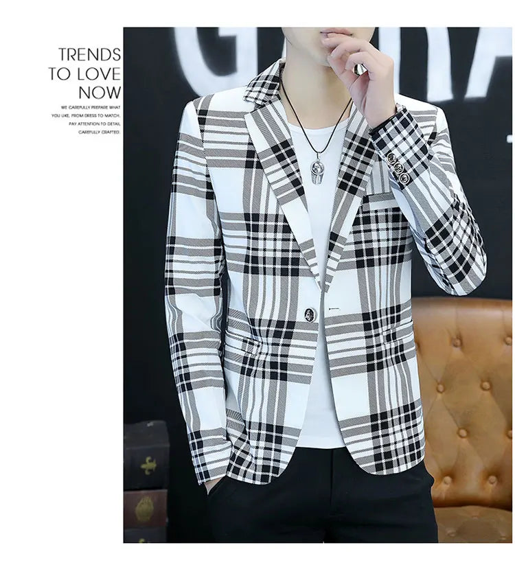 Spring Autumn 2024 Casual Checkered Slim Fit Men's Suit Jacket Korean Style Fashion Handsome Young Men's Clothing