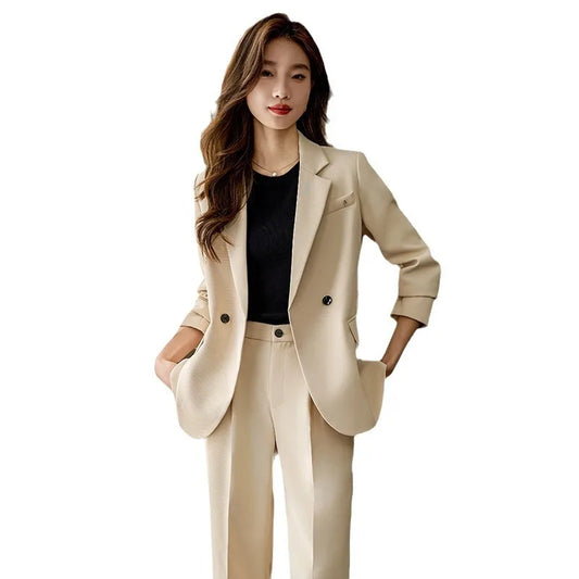 Elegant Korean Fashion Blazer Tops Trousers Suits 2pcs Women Pant Sets 2024 Autumn Solid Color Commute OL Blazer Sets