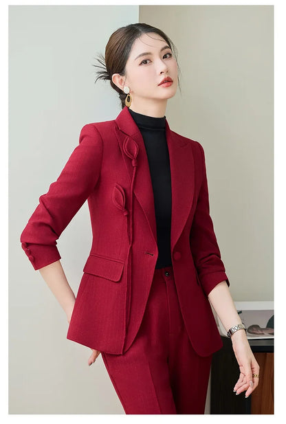 High End Khaki Elegant Fashion Two Piece Set Fashion Women Slim Single Button Blazer And Flare Pant Office Lady Work Wear