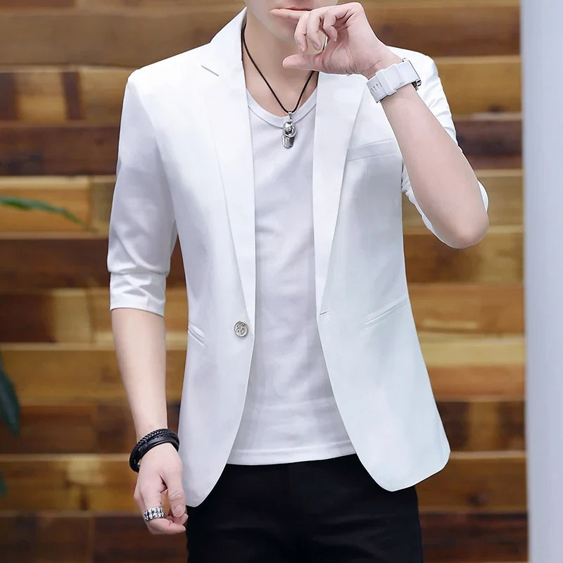 Summer 2025 Men's Mid-Sleeve Slim Fit Suit Korean Style Handsome Youth Seven-Quarter Jacket Small Suit Collection