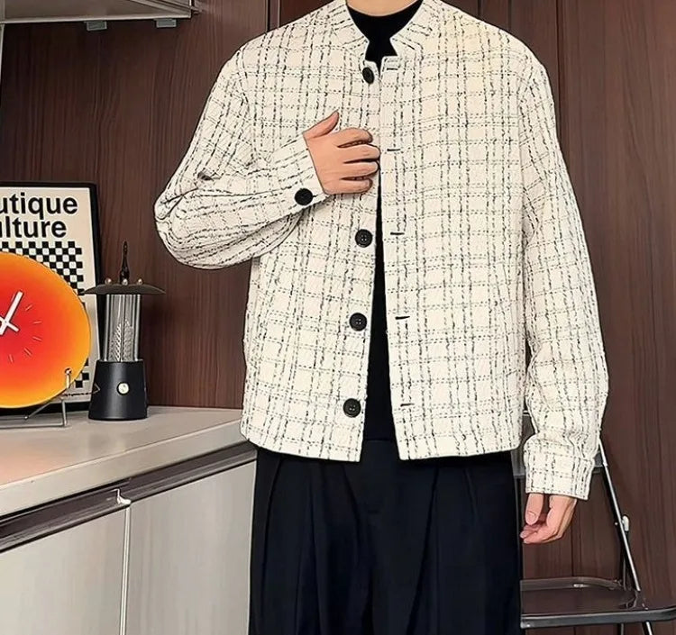 Men's Spring High-End Plaid Blazer Bad Boy Style Cropped Jacket Chinese Stand Collar Suit Outerwear