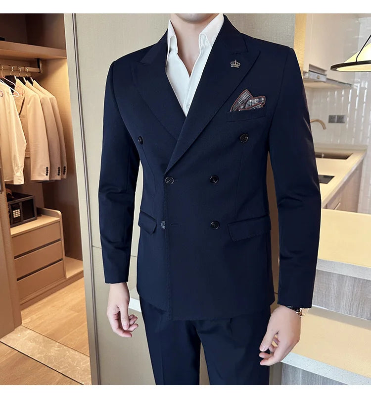 (Blazer + Trousers) Fashion Double Breasted Design Slim Men's Suit Italian Style Luxury Wedding Social Party Tuxedo 2 Piece Set
