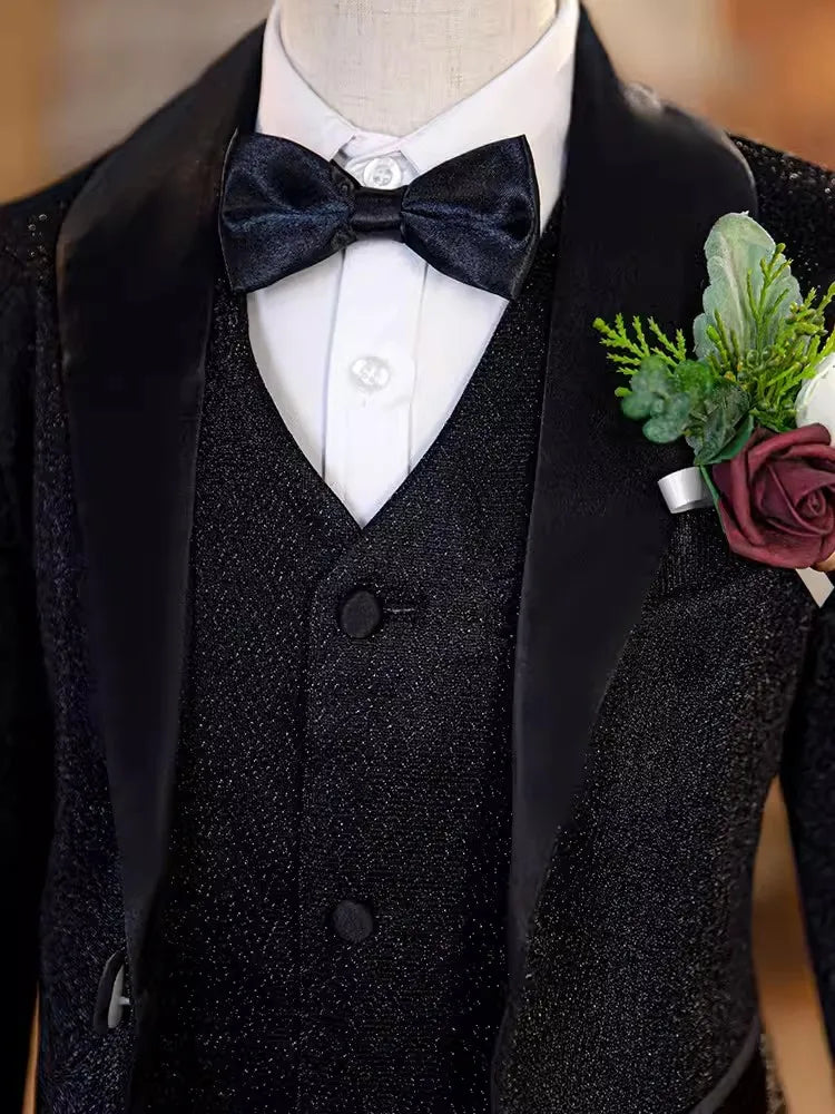 Boys Black Shining Jacket Vest Pants Host Photography Suit Children Luxurious Performance Costume Kids Wedding Tuxedo Dress
