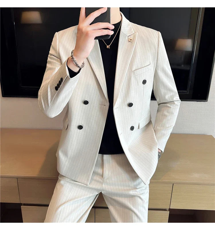 (Jacket + Vest + Pants)Three Piece Set Men Blazers Set stripe Suits Busines Casual Slim Fit Formal Dress Groom Tuxedo Wedding
