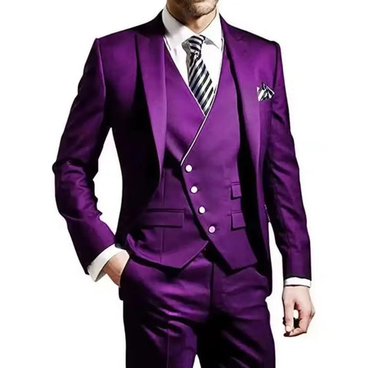 Solid Color 3-Piece Men's Suit Single Button Lapel Formal Business Wedding Set Vest Pants Fashionable Men's Ensemble