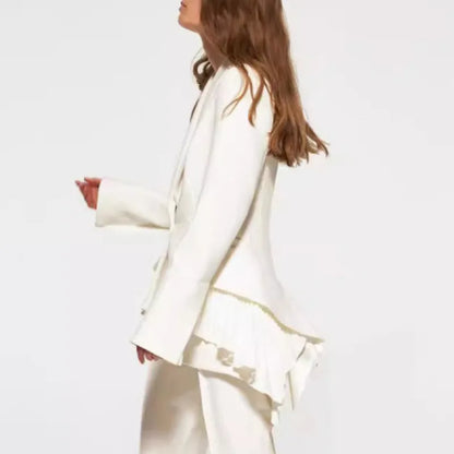 Women Blazer Elegant Turn-down Collar Single Button Patchwork Pleated Hem Slim Fit High-end Chic Coat Spring Autumn HK22596