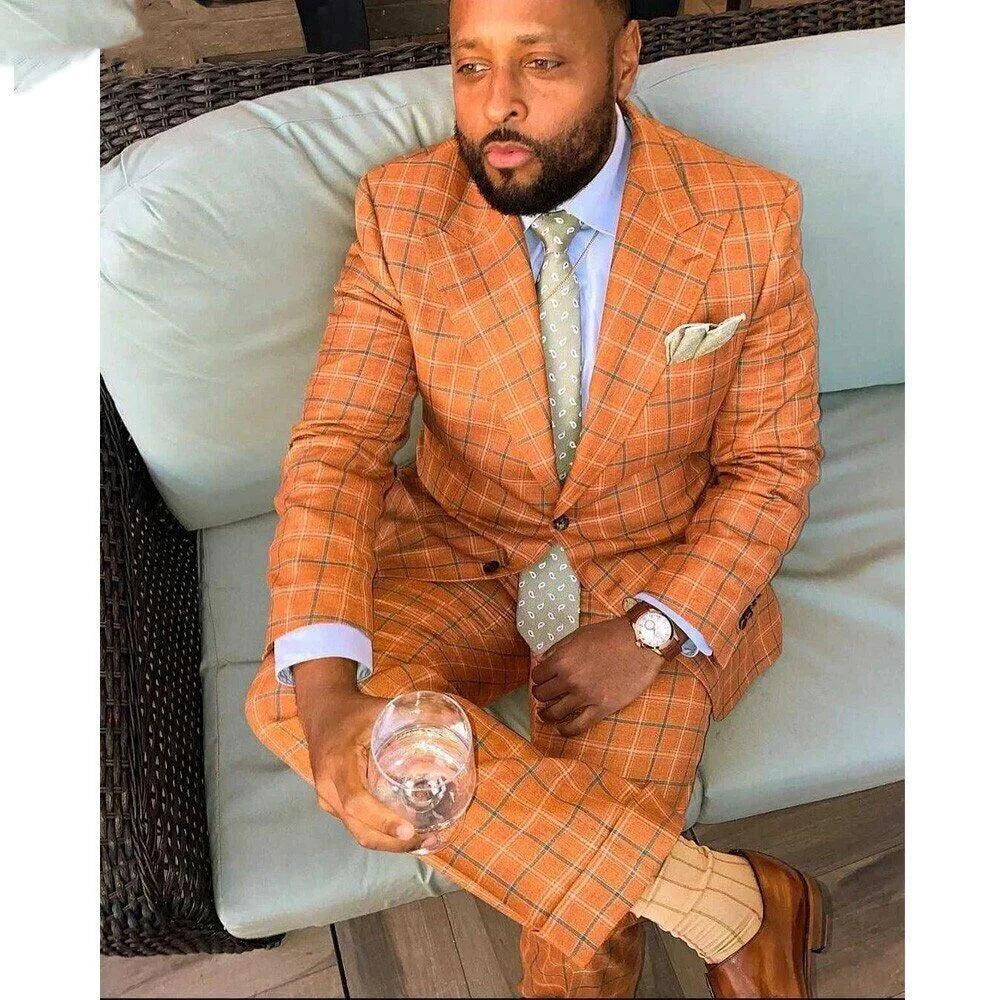Gentle Orange Plaid Men Suit 2 Pieces Slim Fit Tailor-Made Blazer Pants Single Breasted Wedding Groom Work Wear Causal Tailored