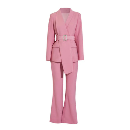 High Quality Women Belt Business Attire blazers Trousers Suits Set 2 Piece Elegant Slim Fit Pink Formal Office Lady Blazer Suits
