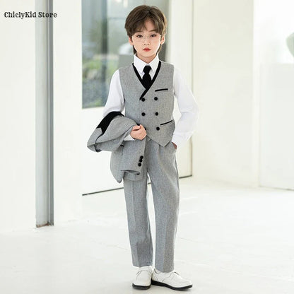 Boys Fashion Blazer Jacket Waistcoat Pants Wedding Suits Kids Morning Coat Formal Dress Children Tuxedos Toddler Clothes Sets