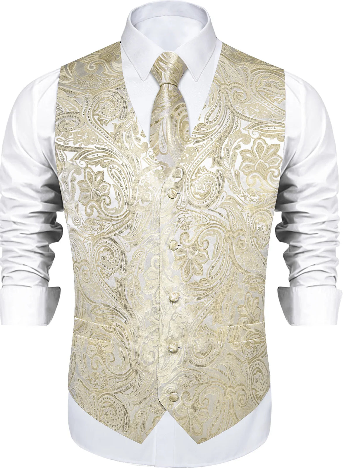 Men's Suit Vest & Tie Set – Champagne Golden Paisley Formal Waistcoat for Weddings & Business Events