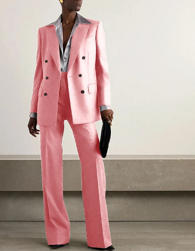 Fashion Grey Double Breasted Women Pants Set High-end Female Two Pieces(Jacket+Trousers)أطقم بناطيل