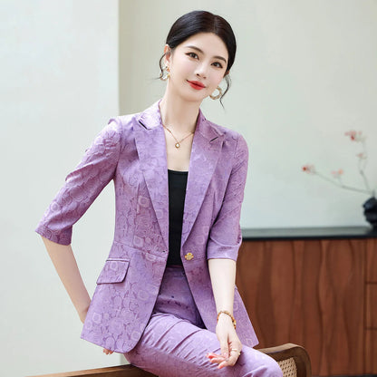 Fashion Purple Half Sleeve Professional Suit Women New Summer Elegant Formal Slim Blazer And Pants Office Ladies Work Wear