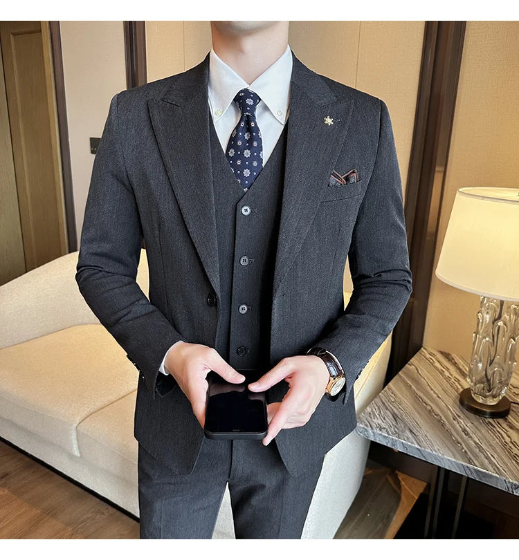 (Blazer + Vest + Trousers) 2024 New Men Formal Business Solid Suit 3 Pieces Set Italian Style Luxury Wedding Social Party Tuxedo