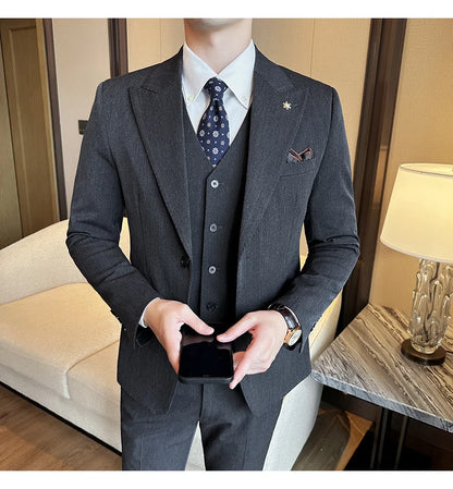 (Blazer + Vest + Trousers) 2024 New Men Formal Business Solid Suit 3 Pieces Set Italian Style Luxury Wedding Social Party Tuxedo