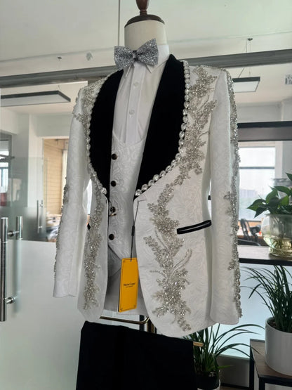 Opulent Crystal Men's Suits 3 Pieces For Banquet Party Elegant Handsome Jacquard Suit Set For Man Wedding Groom Sets S-3XL
