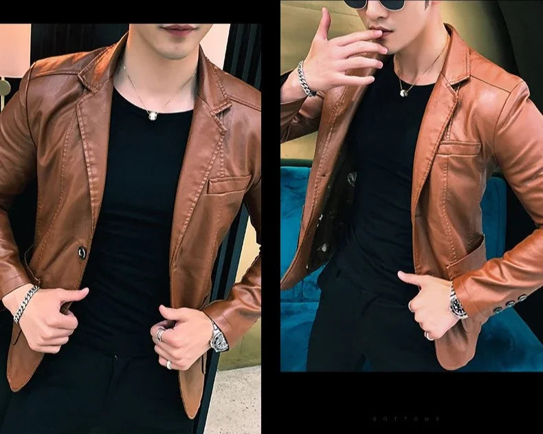 Coat Korean Style Male Leather Blazer Single Breasted Spring Clothes Men's Suit Jackets Luxury Designer High Quality Simple New