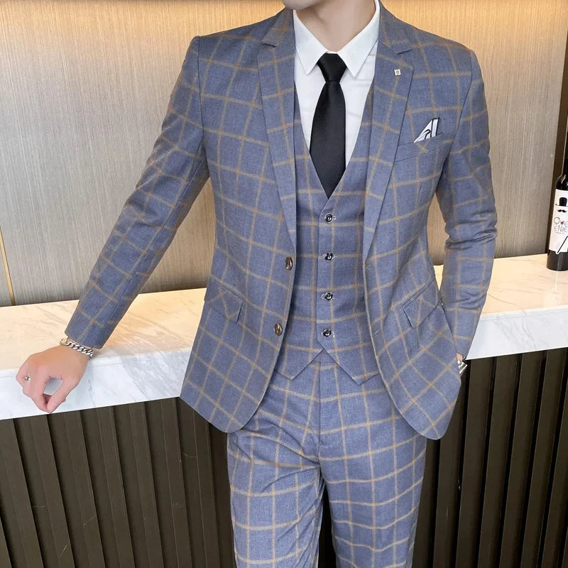 Men's Suit Set – Blazer, Vest & Trousers – British Grid Smart Casual for Business & Weddings