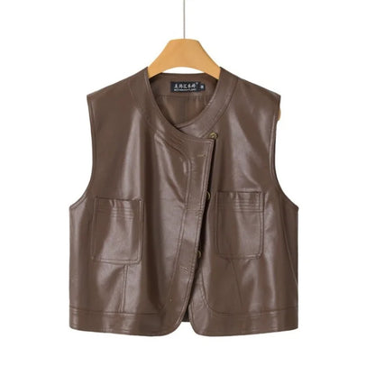 Pu Leather Vest Women Short Sleeveless Jacket 2026 Autumn New Solid Single-breasted Female Imitation Leather Waistcoat Outerwear