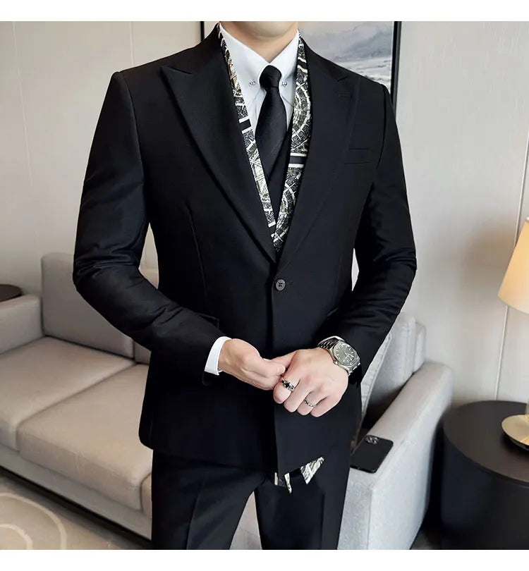 Double Collar Suit Set 3 Pieces Business Formal Casual Suits Vest Trousers Office Work Party Prom Wedding Groomsmen Clothing