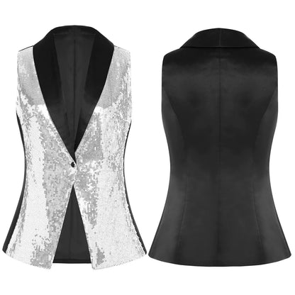 Women's Tassel Sleeveless Waistcoat Shiny Sequins Vest Glitter Fashion Open Front Vests Disco Jazz Dance Music Festival Clubwear