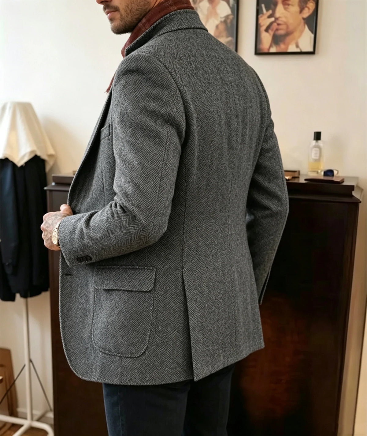 Mens Herringbone Tweed Blazer Vintage Wool Blend Houndstooth Jacket Regular Fit Notch Lapel Business Casual Outerwear Coat