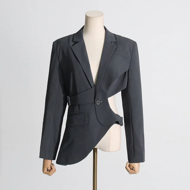 Women's Trendy Elegant High Street Hollow Out Design Pocket Slim Fit Coat Stylish Chic Asymmetric Long Sleeve Blazer HK8293