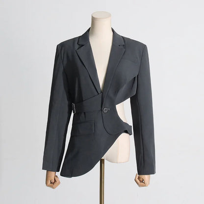 Women's Trendy Elegant High Street Hollow Out Design Pocket Slim Fit Coat Stylish Chic Asymmetric Long Sleeve Blazer HK8293