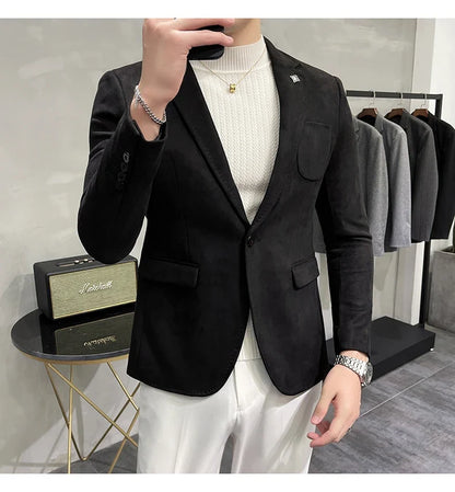 2023 Spring Suede Suit Jacket Men Casual Business Slim Fit Blazer Deerskin Leather Jacket Men Wedding Street Wear Social Coat