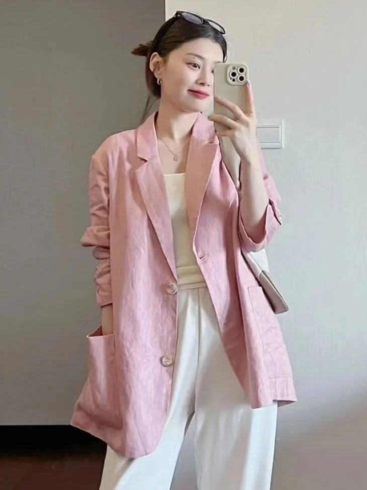 Cotton Linen Suit Jaet Women's Summer New Korean Design Casual Loose Long Sve Top Commute Sle Thin Single Button