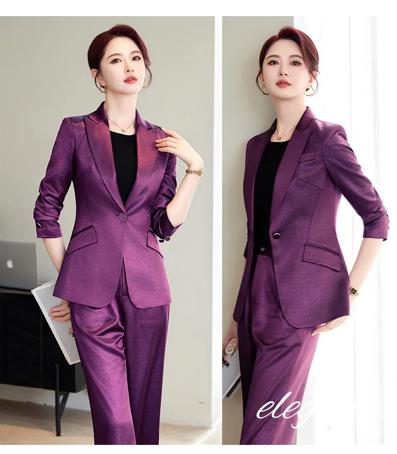 High Quality Women Purplish Red Pant Suit Female Solid Single Button Blazer and Trouser 2 Piece Set For Office Ladies Work Wear