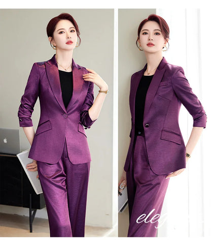 High Quality Women Purplish Red Pant Suit Female Solid Single Button Blazer and Trouser 2 Piece Set For Office Ladies Work Wear