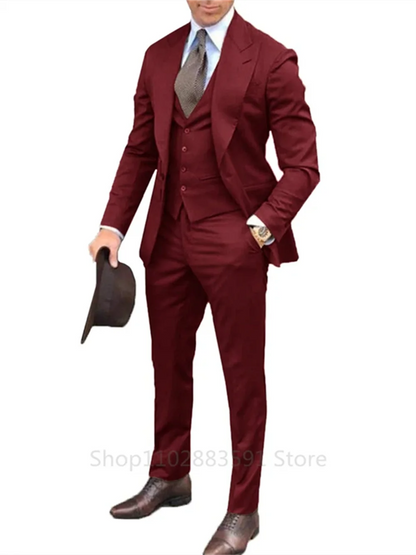 3-Piece Men's Slim Fit Suit with Peak Lapel for Wedding and Business in Gray, Black & Burgundy