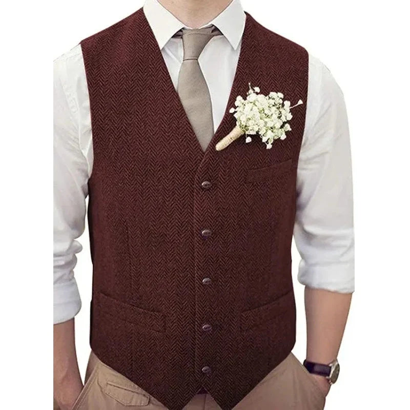 Men's Vest Herringbone V-Neck Single Button Waistcoat for Wedding, Business & Casual Wear