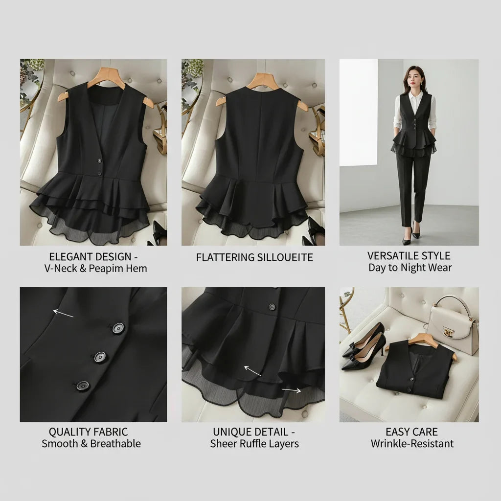 Women's Elegant V-Neck Peplum Vest, Sleeveless Button Down Blazer Waistcoat with Layered Chiffon Hem for Business Casual Office